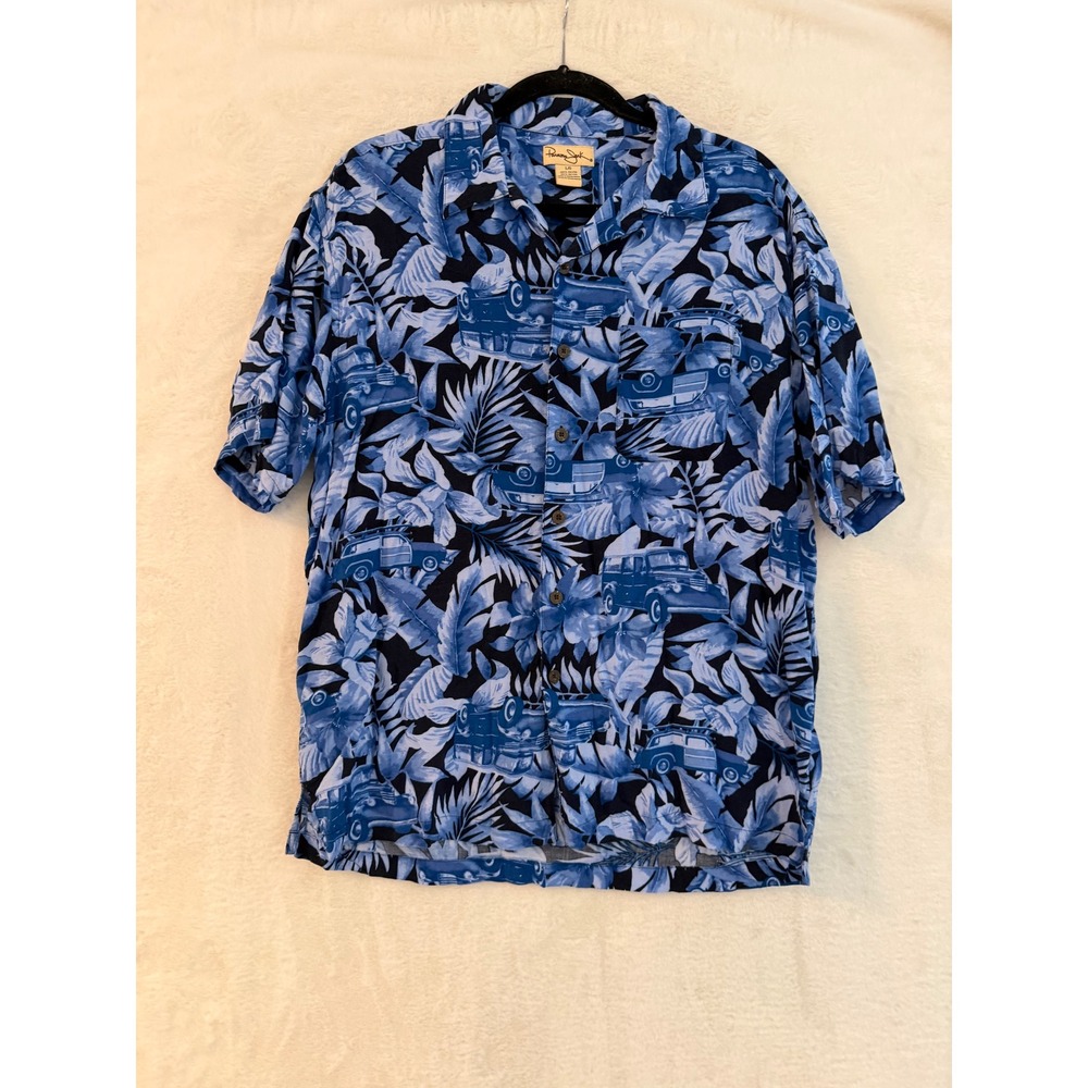 Panama Jack Mens Large Tropical Woody Car Rayon Button Down‎ Shirt Blue Floral L